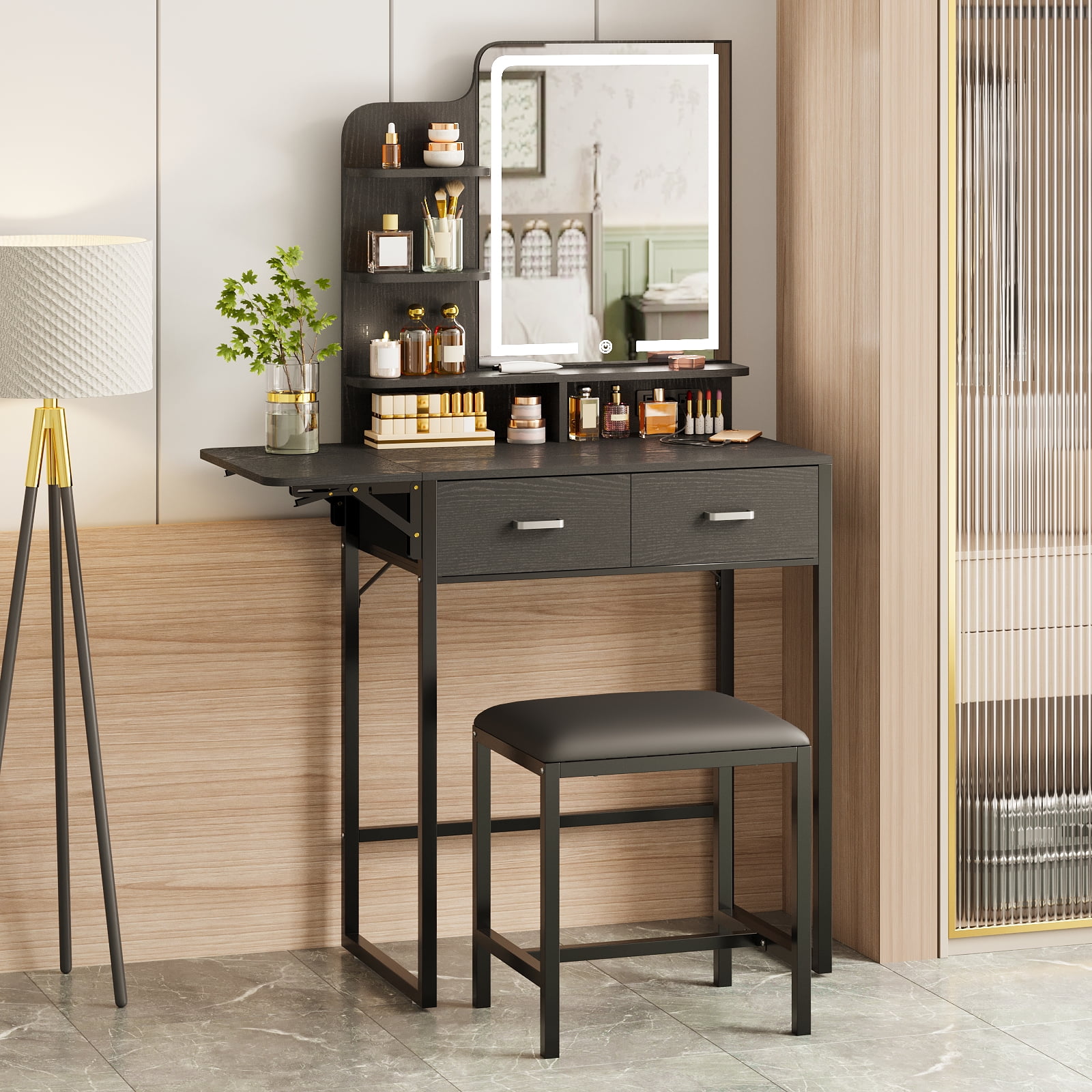 Fairy Makeup Vanity Desk with Mirror, Lights, Power Outlet, Chair & Storage Drawer, Black