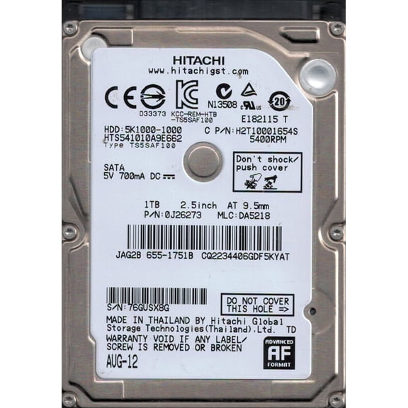 HTS541010A9E662 P/N: 0J26273 MLC: DA5218 MAC 655-1751B Thailand Hitachi 1TB