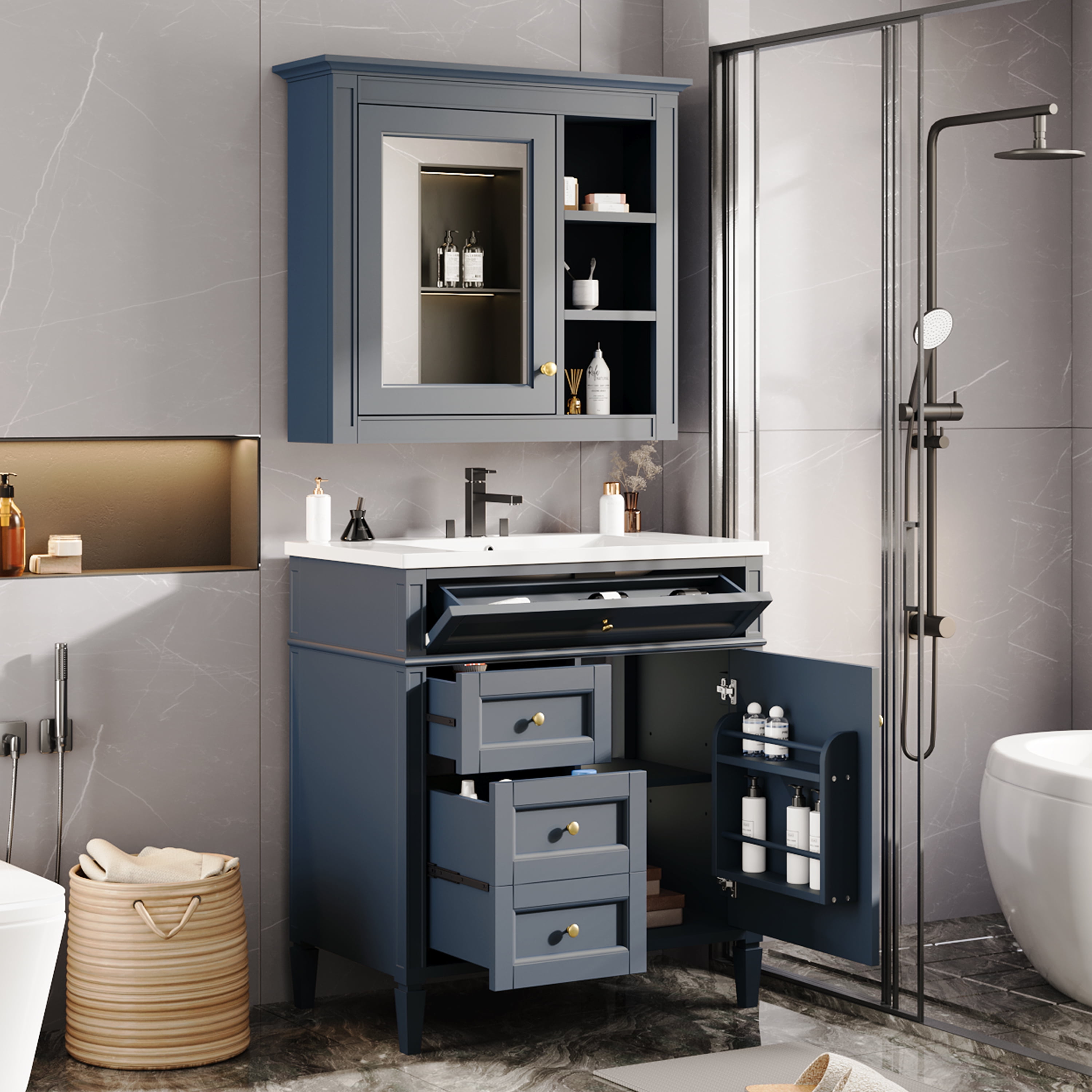 30'' Bathroom Vanity with Top Sink, Modern Bathroom Storage Cabinet with 2 Drawers and a Tip-out Drawer,  Freestanding Vanity Set with Mirror Cabinet, Single Sink Bathroom Vanity
