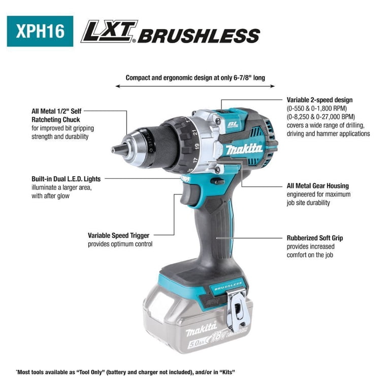 Makita XPH16Z 18V LXT Lithium-Ion Compact Brushless Cordless 0.5