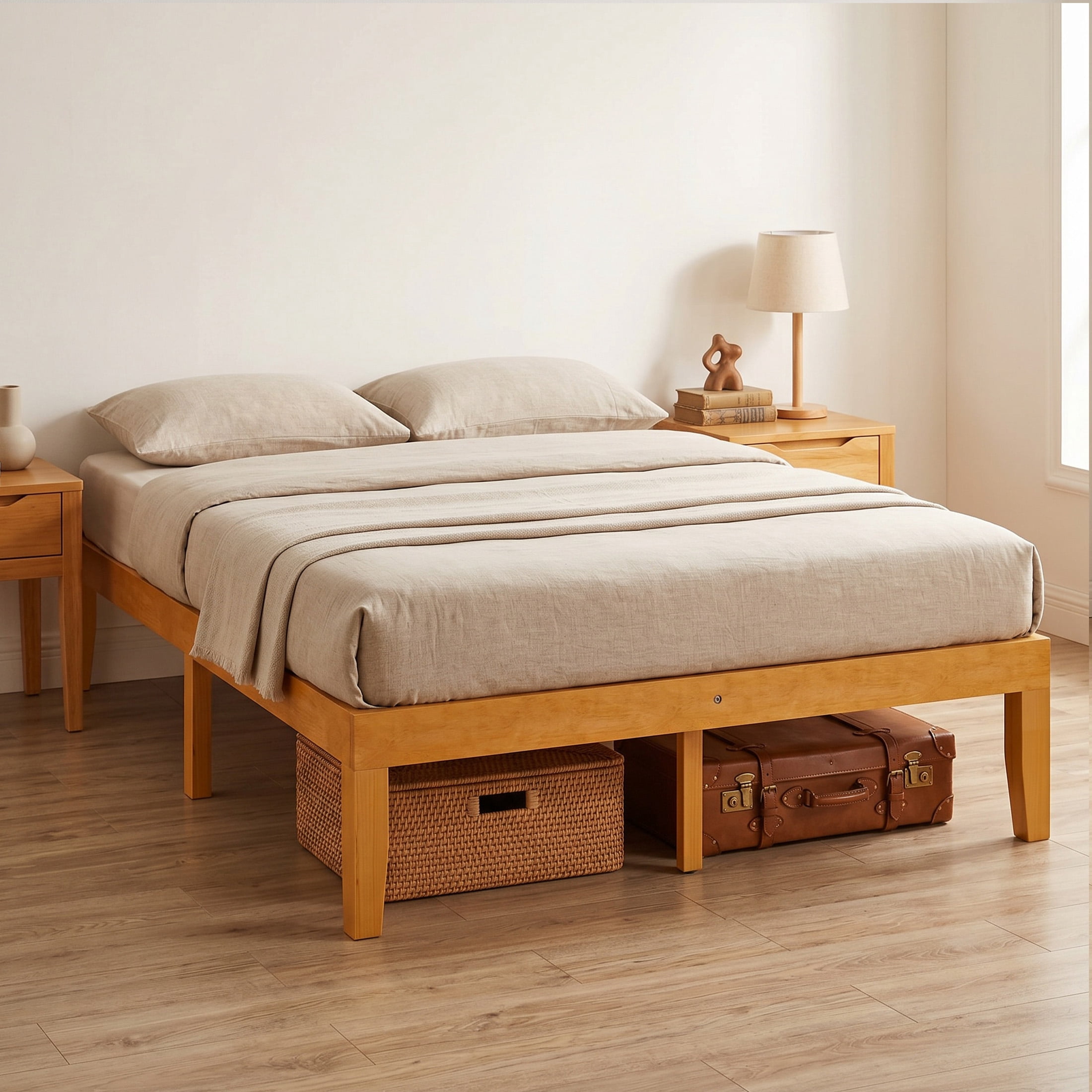 Gianna Full Size Wood Platform Bed Frames 16 Inch No Box Spring Need, 500 LBS Capacity, Noiseless, Honey Finish