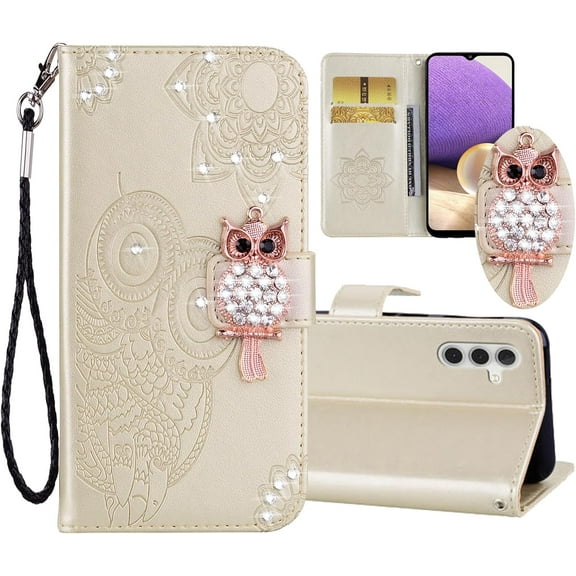 Case for Samsung Galaxy A16 5G with Card Slot Holder & Wrist Strap, Glitter Diamond Rhinestone Owl PU Leather Flip Folio Wallet Cover Case for Samsung Galaxy A16 MTY- MTY-Gold