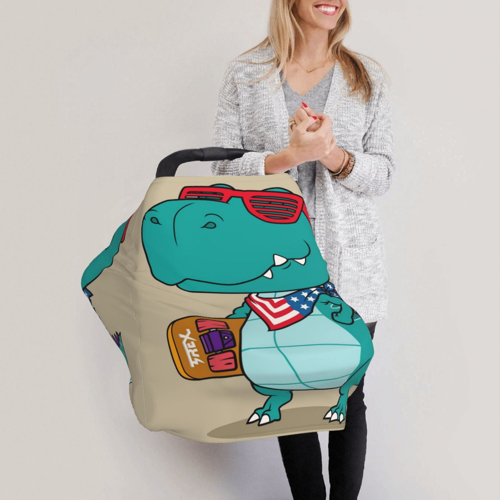 Fotbe Cool Dino Playing Skateboard Pattern Car Seat Covers for Babies, Nursing Breastfeeding Cover Infant Carseat Canopy, Soft Stretchy Carrier Cover