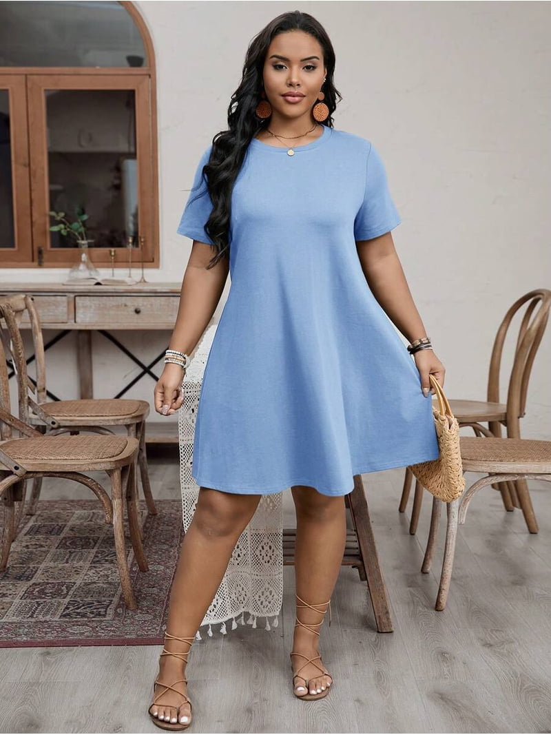 plus size baby blue dresses Women Summer Round Neck Short Sleeve Casual Flowy A-Line T-Shirt Dress, Infant Girl's, Size: 4XL Finished with a square XL-XXXL Justin Alexander Strapless Lace Color:Other Color(Leaving a note)