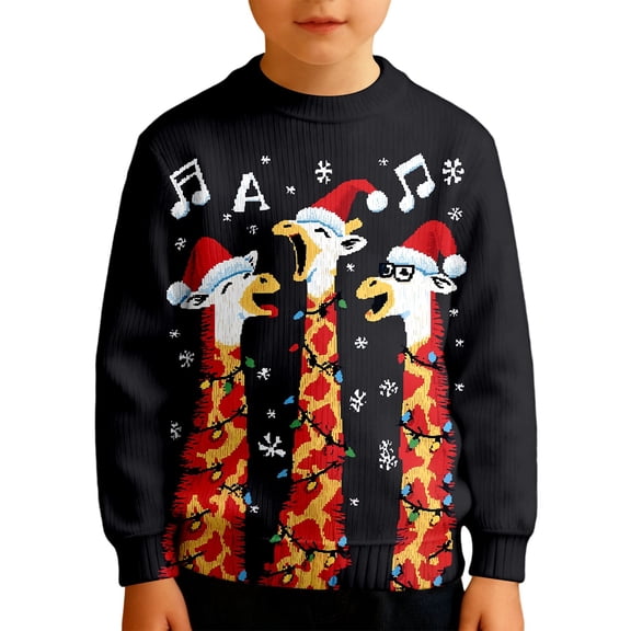 Byoo Christmas Toddler Boys Sweatshirt Giraffe Graphic Round Neck Knited Ribbed Top Holiday Casual Xmas Pullover Shirt