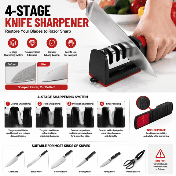 Knife Sharpener Tool, 4-Stage Kitchen Knife Sharpener, Tungsten Steel Ceramic Blade Sharpener, Manual Knife Sharpening System with Non-Slip Base for Kitchen Knives