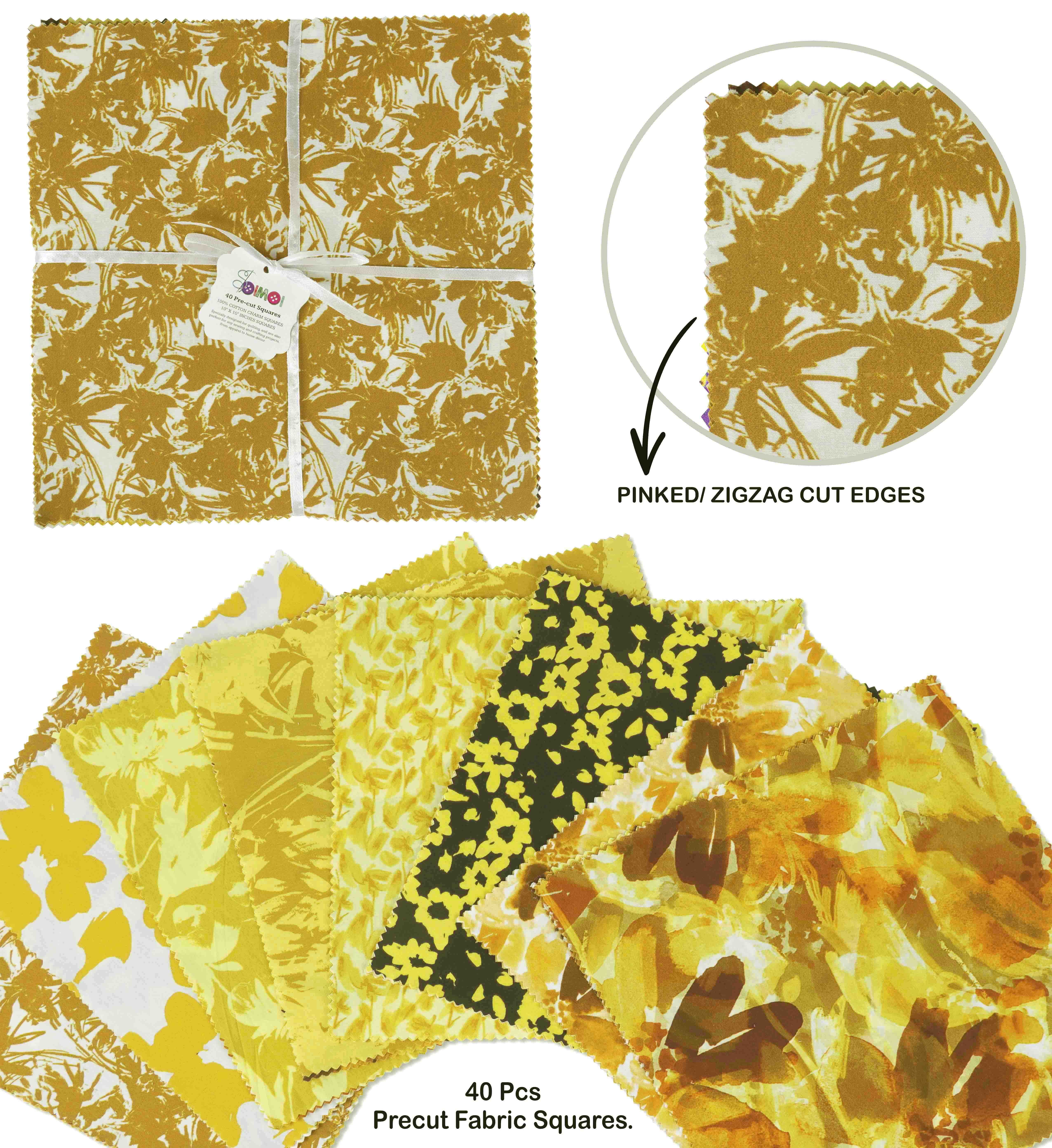 Soimoi Precut 10-inch Florals Prints Cotton Fabric Bundle Quilting Squares Charm Pack DIY Patchwork Sewing Craft- Yellow
