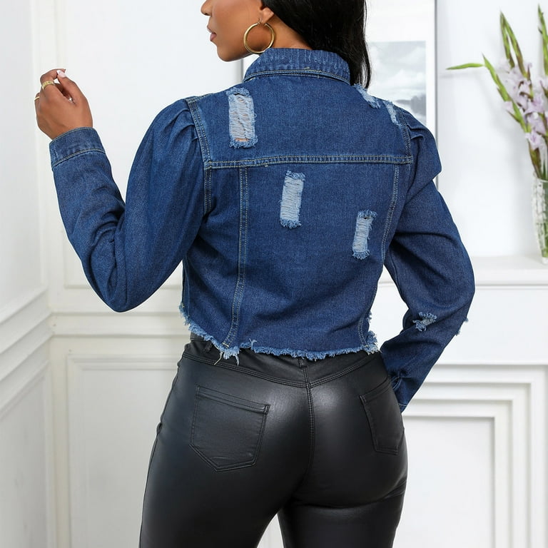 Cropped Denim Jacket for Women Distressed Ripped Drop Shoulder