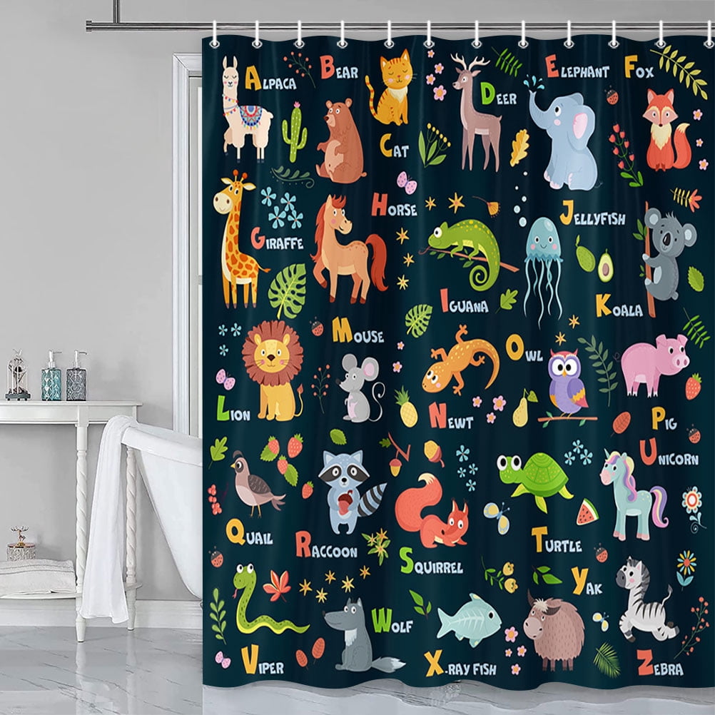 Alphabet Shower Curtain Sets for Bathroom Decor, Brown and White Shower Curtain with Non-Slip Rugs, Toilet Lid Cover and Bath Mat, Bathroom Sets