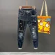 thumbnail image 2 of Pantalones vaqueros elásticos para hombre, pantalones vaqueros para hombre con parches rotos y agujeros, ajustados, rotos, elásticos, ajustados, ajustados, rasgados, estilo Harajuku, tallas XS, 2 of 4