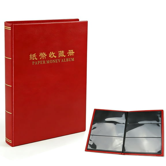 60-Pocket Paper Money Album Currency Holders for Collectors Collection Supplies Holder Book for Travel Bill Banknote Stamp Storage Display (Red)