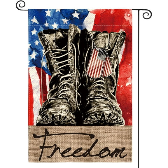 Freedom Boots Garden Flag 12x18 Inch Double Sided, Patriotic 4th of July Independence Memorial Day Veteran Soldier Yard Outdoor Decoration