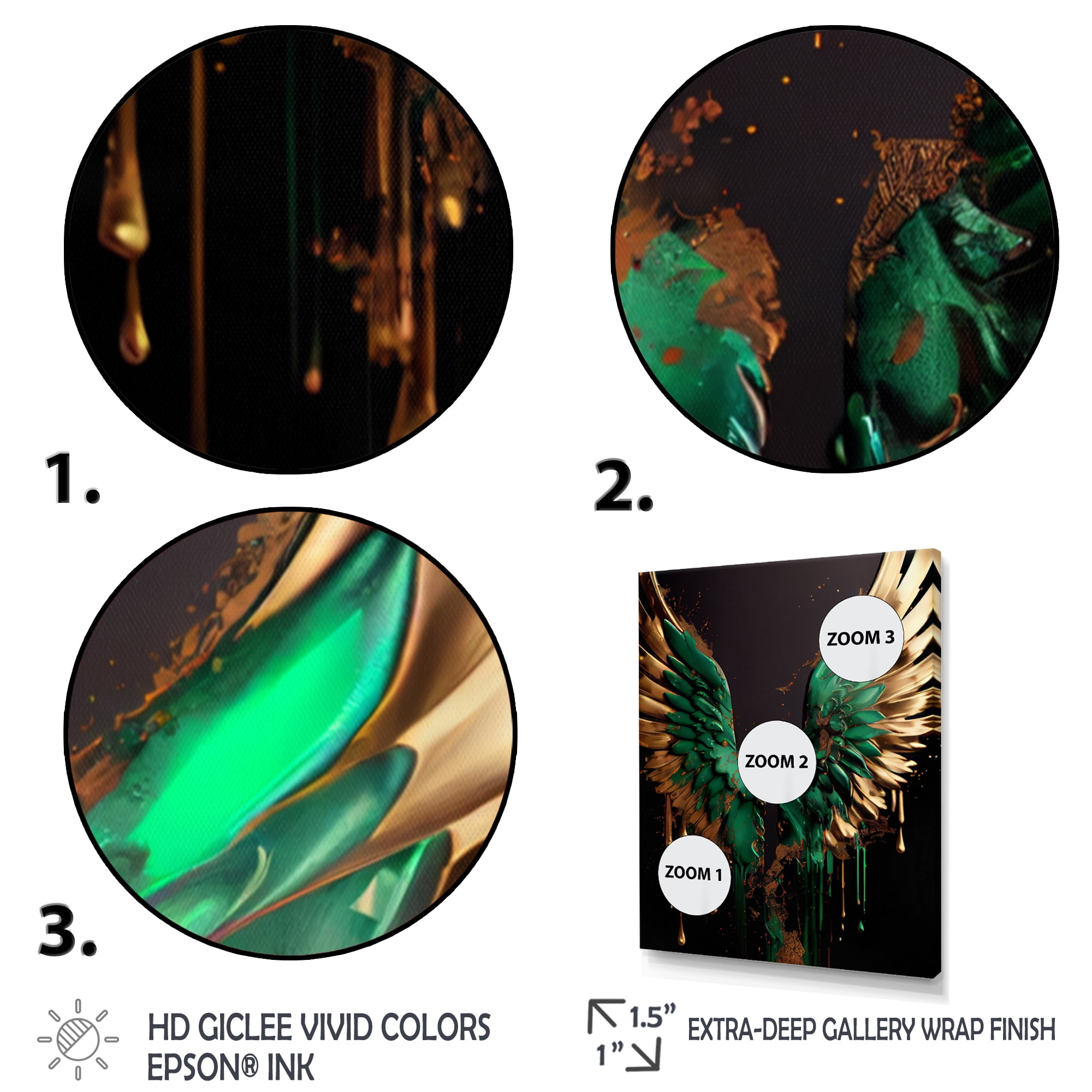 Designart Green And Gold Angel Wings I Canvas Wall Art