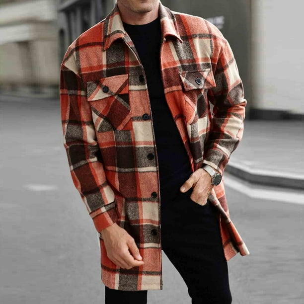Blusa y camisa de manga larga con cuello vuelto para hombre, blusa holgada informal a cuadros a la moda con botones y cuello vuelto, blusa de poliéster para hombre