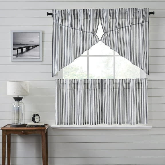 VHC Brands Sawyer Mill Black 4 PC Ticking Stripe Curtain Set (2 Prairie Swag 36x18 and 2 Tier 24x36)