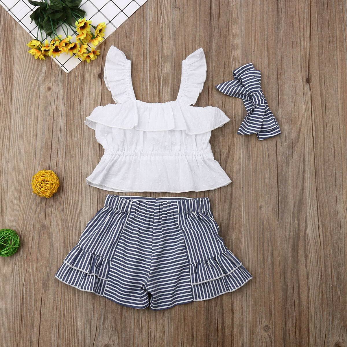 Toddler Baby Girls Sleeveless Pleated Crop Top+Striped Ruffle Shorts+Headband Outfits Summer 3 PCS Clothes Set