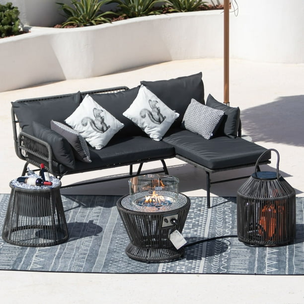 NICESOUL 5 Pcs Boho Outdoor Furniture Set with Fire Pit Table Wicker Patio Sofa Chair, Dark Grey