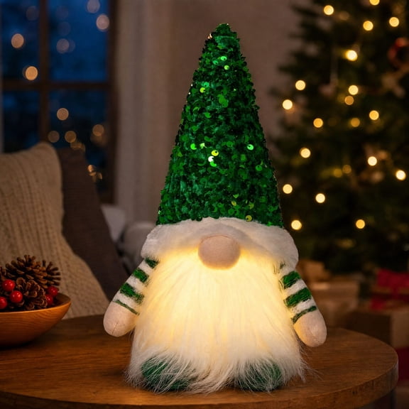 Christmas Decorations Indoor Outdoor, Light Up Sequin Christmas Gnome with Glowing Beard, Faceless Swedish Tomte Decor for Shelf, Mantel, Tabletop