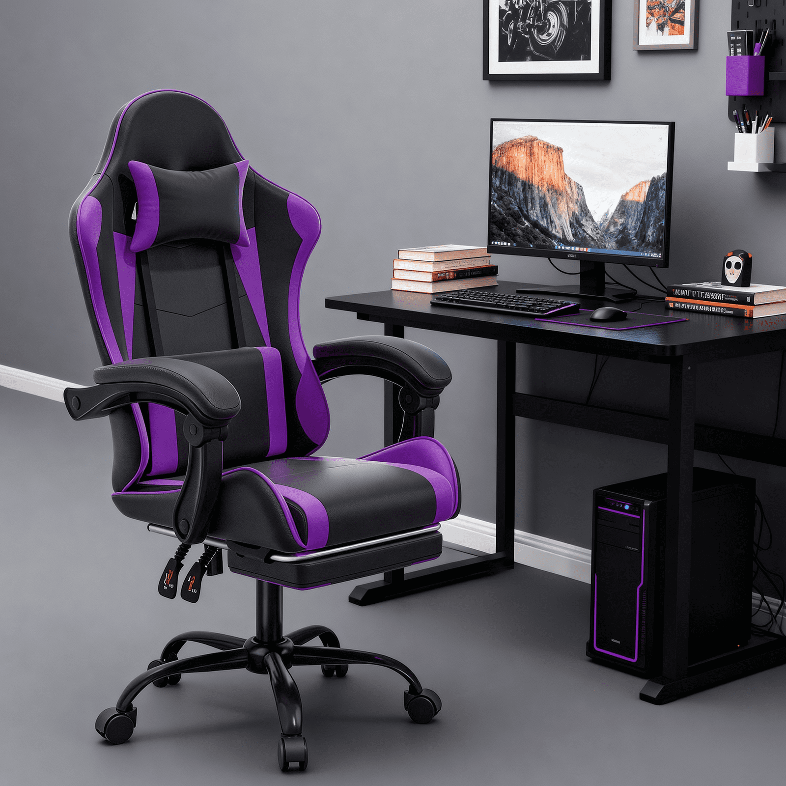 MoNiBloom Ergonomic Gaming Chair with Footrest, Adjustable Headrest and Lumbar Support for Office and Gaming, High-Back Racing Style Computer Desk Chair, Purple (Wide Seat)