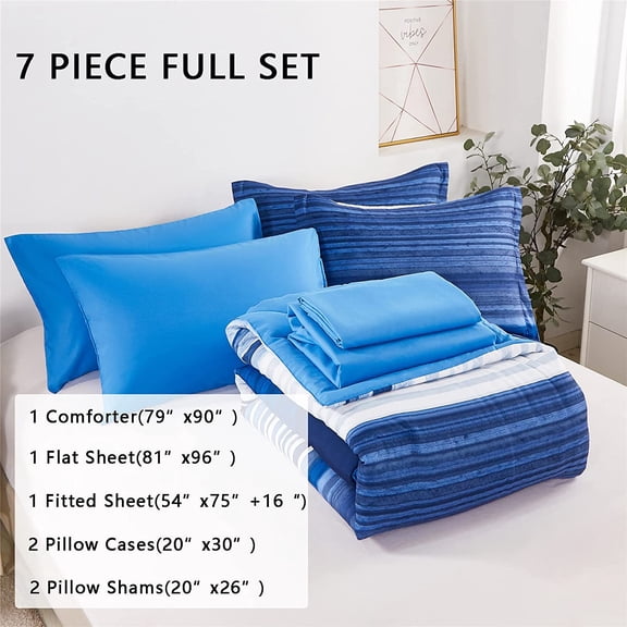 7 Piece Bed in a Bag Stripe Comforter Set Full Size, White and Blue Patchwork Striped Comforter and Sheet Set, All Season Soft Microfiber Complete Bedding Sets(Blue,Full)