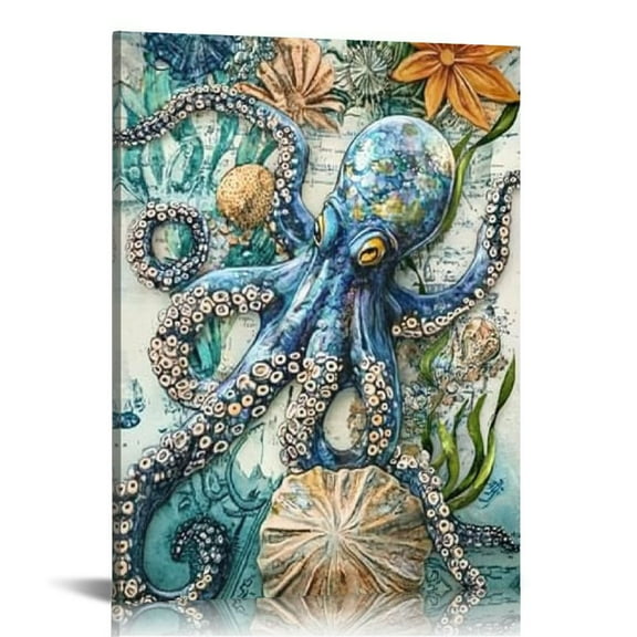 Acheng Nautical Bathroom Decor Wall Art Beach Ocean Sea Turtle Octopus Canvas Pictures Wall Decor for Walls Teal Coastal Theme Bathroom Prints Paintings Artwork for Bedroom Kitchen