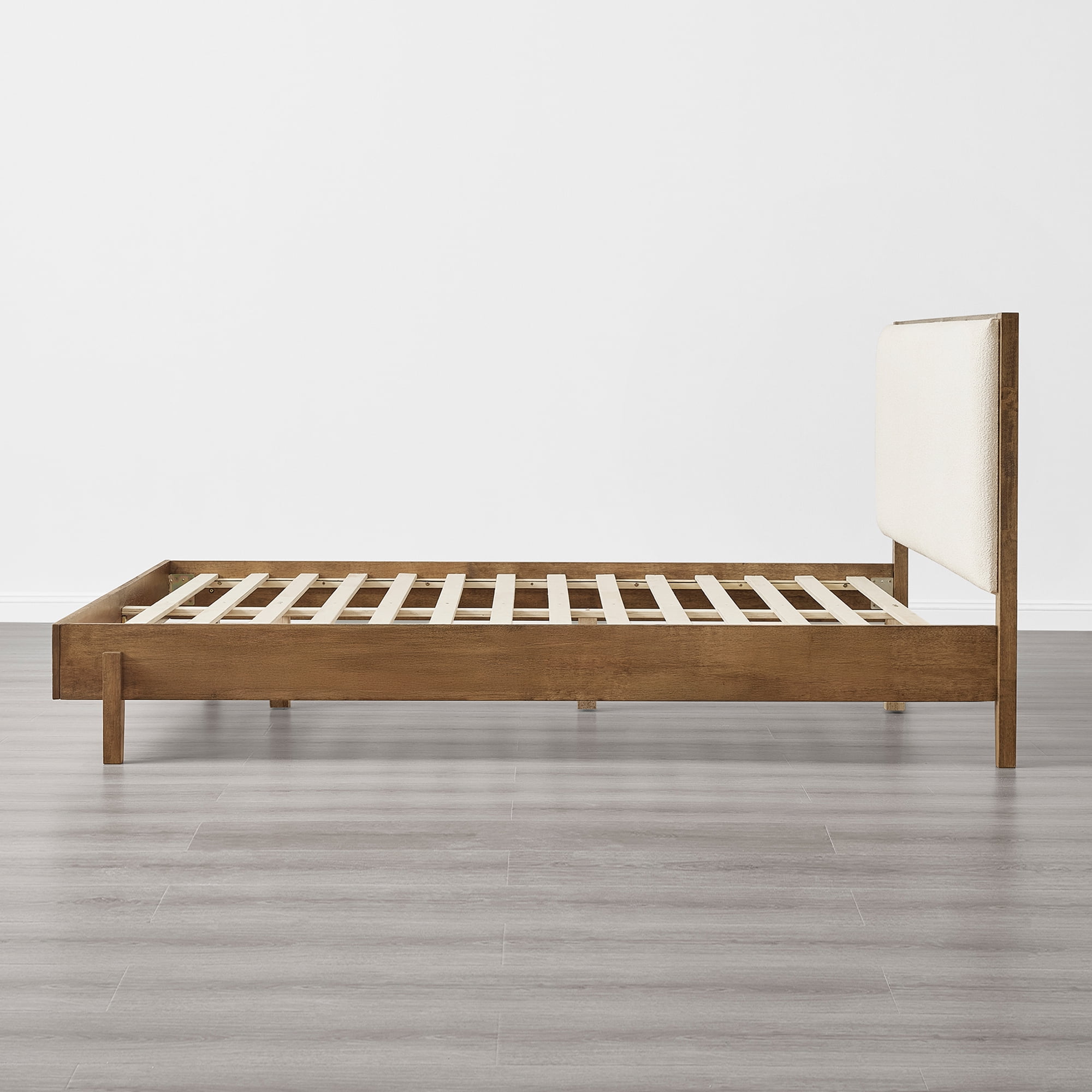 Spruce & Spring Modern Bouclé Platform Bed with Upholstered Headboard & Solid Wood Frame Walnut, Queen