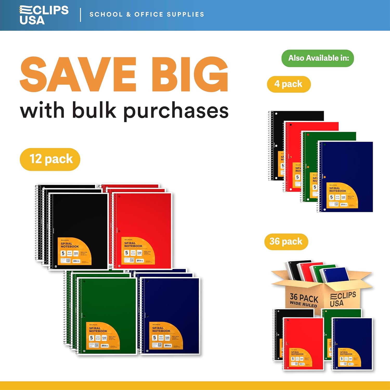 E-Clips USA 150-Sheet 5-Subject Wide Ruled Spiral Notebook with 2 Pocket Divider, 8.5” x 11”, 12-Pack