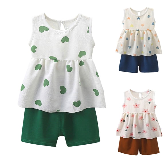 BOBOGOJP Kids Girl Clothes Heart Print Sleeveless Top and Shorts Baby Girl Summer Outfits Short Set Green for Size 5-6 Years
