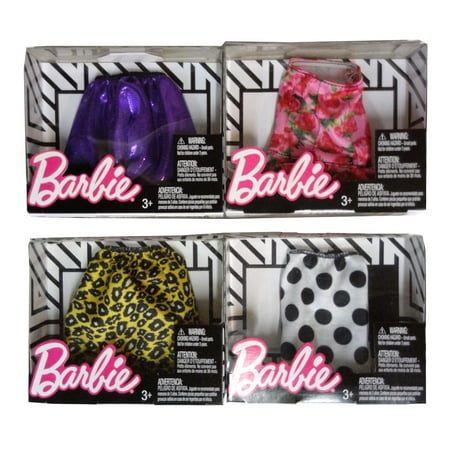 Fashion Pack Barbie Skirt Set of 4 Clothing Collection #4 Purple, Red Rose, Cheetah Print, Polka