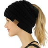 CC Ponytail Messy Bun BeanieTail Soft Winter Knit Stretch Beanie Hat (Solid Black)