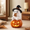 thumbnail image 3 of Halloween Ghost Figurine, Light Up LED Ghost Statue with Witch Hat Pumpkin Design, Cute Resin Halloween Decoration, Tabletop Fall Decor for Mantel Shelf Home, 3 of 7