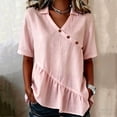 thumbnail image 2 of VBVC Women's Collared V-Neck Tunic Blouse, Ladies' Asymmetrical Button Ruffle Hem Shirt,Summer Short Sleeve Top For Women,Pink,S-2XL, 2 of 6