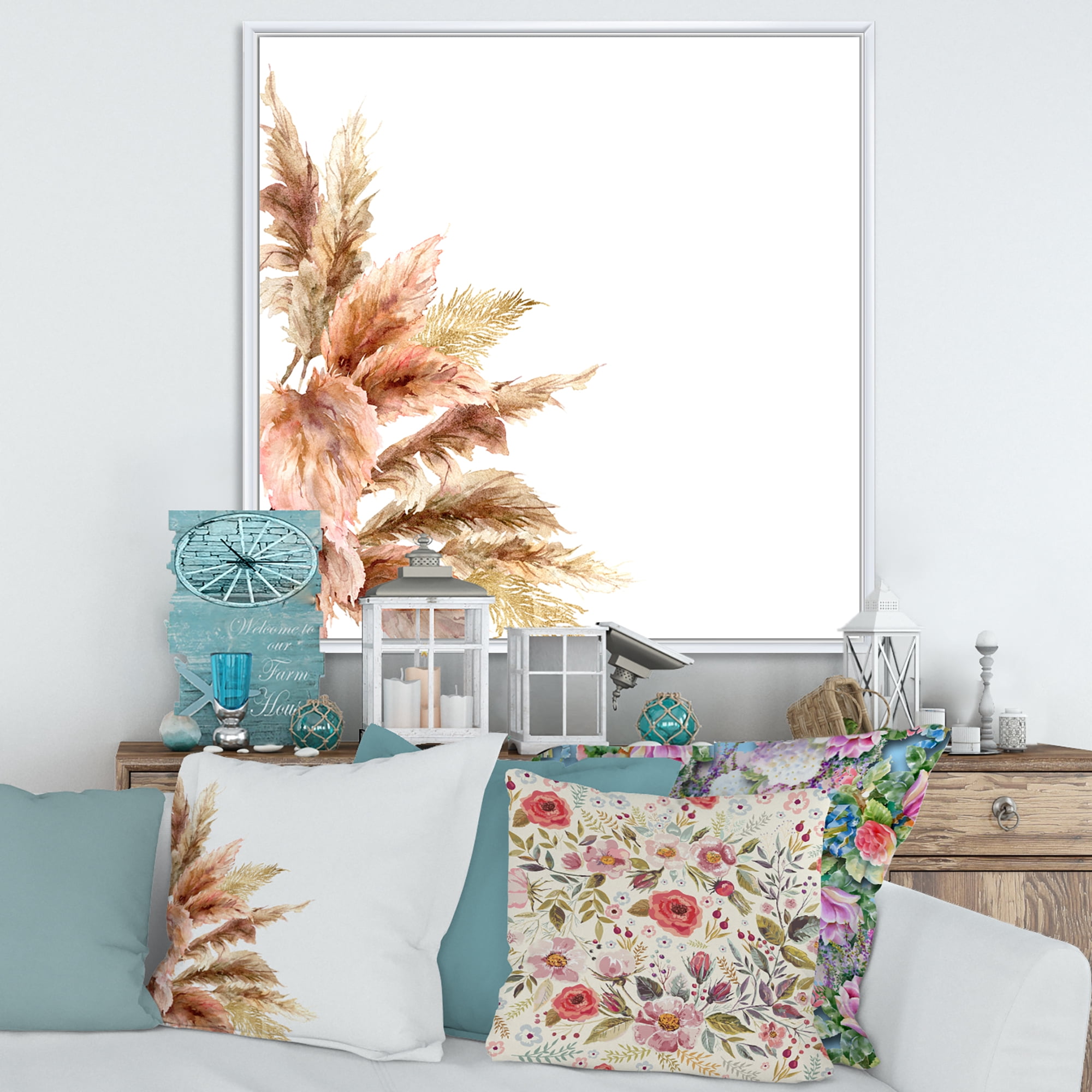 Exotic Dry Pampas Grass On White Background 16 in x 16 in Framed Painting Canvas Art Print, by Designart