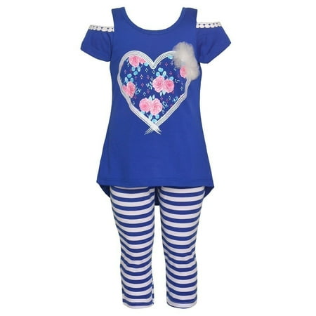 Girls Potato - Littoe Potatoes Little Girls Royal Blue Heart Stripe 2 Pc Legging Set