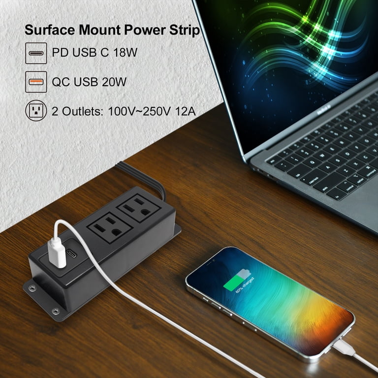 Mountable Recessed Power Strip With 4 Outlets & 2 USB Ports - Built-in Desk/Counter Outlet For Home, Office, ETL Listed (White)