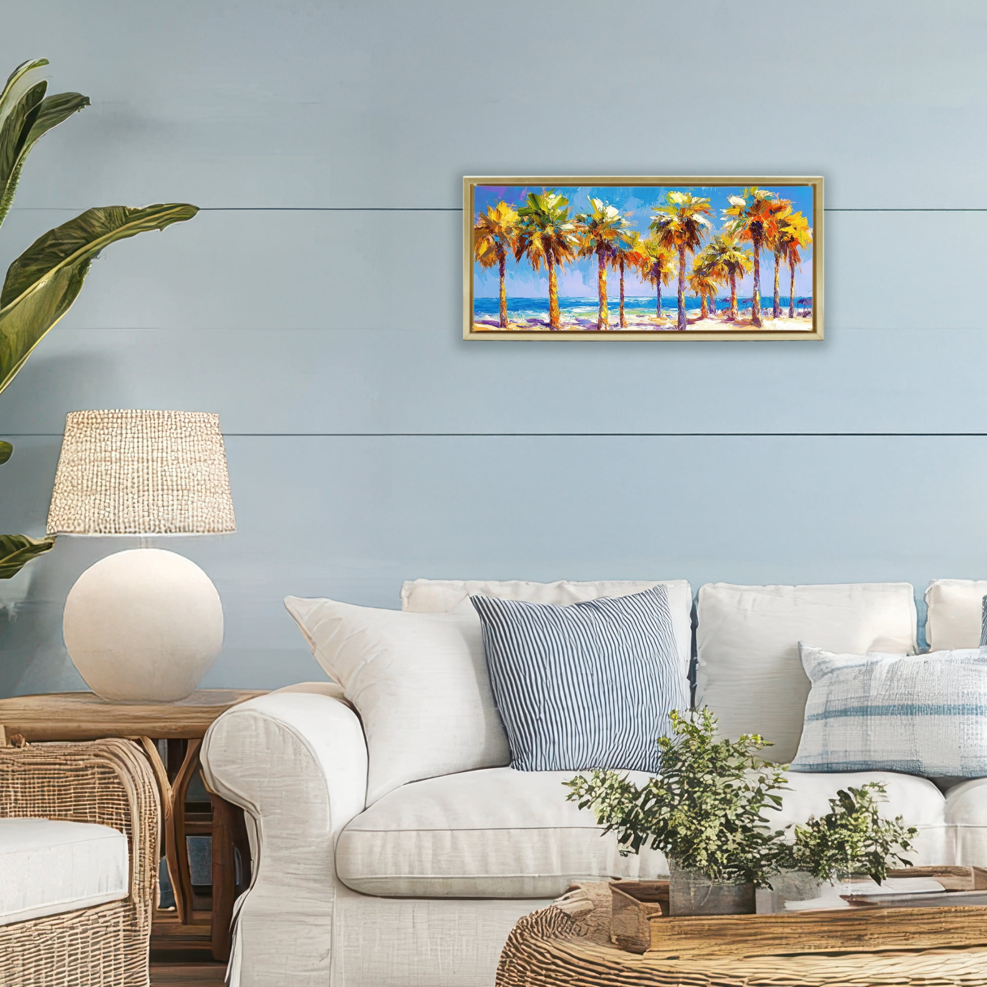 Stupell Industries Many Palm Trees on Beach Gold Framed Floater Canvas Wall Art, design by Petal Prints Design