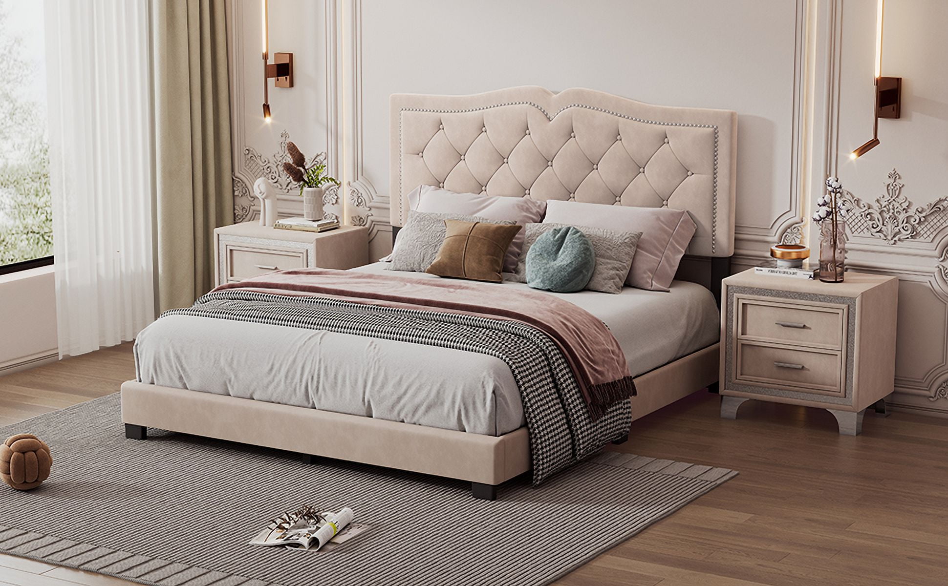 Queen Size Upholstered Bed Frame - Velvet Tufted Headboard with Rivet Design, Beige, 700LBS Capacity, No Box Spring Needed​
