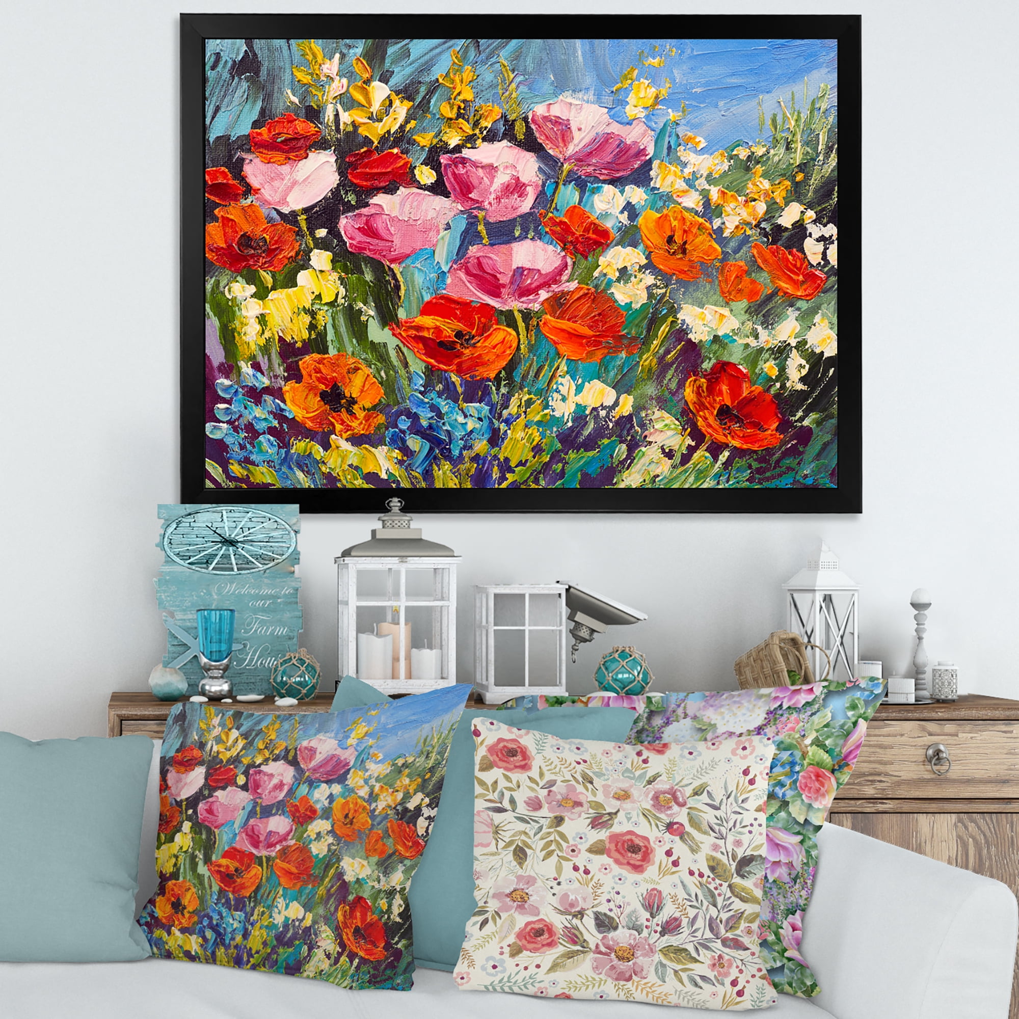 Colorful Spring Poppies In Field 32 in x 24 in Framed Painting Canvas Art Print, by Designart