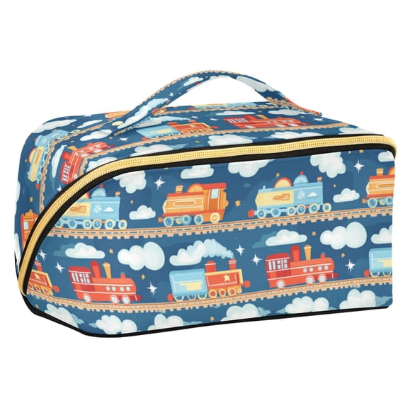 FORMRS Makeup Bag Travel Cosmetic Organizer for Women Fold Flat Zipper Pouch with Handle, Blue Cute Train Pattern