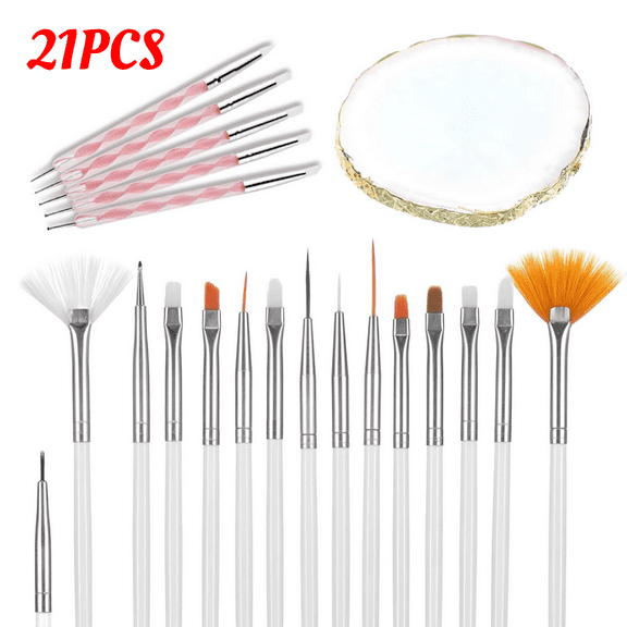 21pcs Nail Art Brushes Set, 2 Way Acrylic Silicone Engraving Pen Dotting Tools Resin Nail Art Palette, For Nail Art DIY