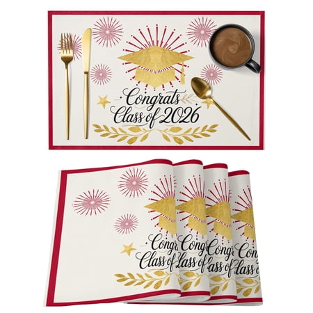 Red Yellow Graduation Placemats Set of 12 Yellow Star Botanical 2026 Place Mats Indoor Wipeable Table Mats Washable Cloth Dining Table Placemats for Kitchen Holiday Party Home Decor 13x19 Inch