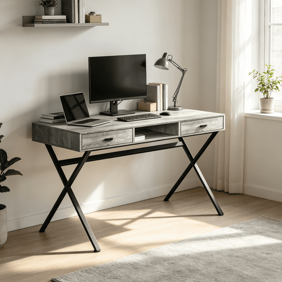 Computer Desk with 2 Storage Drawers and Open Shelf, 47 in Home Office Workstation, Laptop Table with Metal Base for Small Spaces