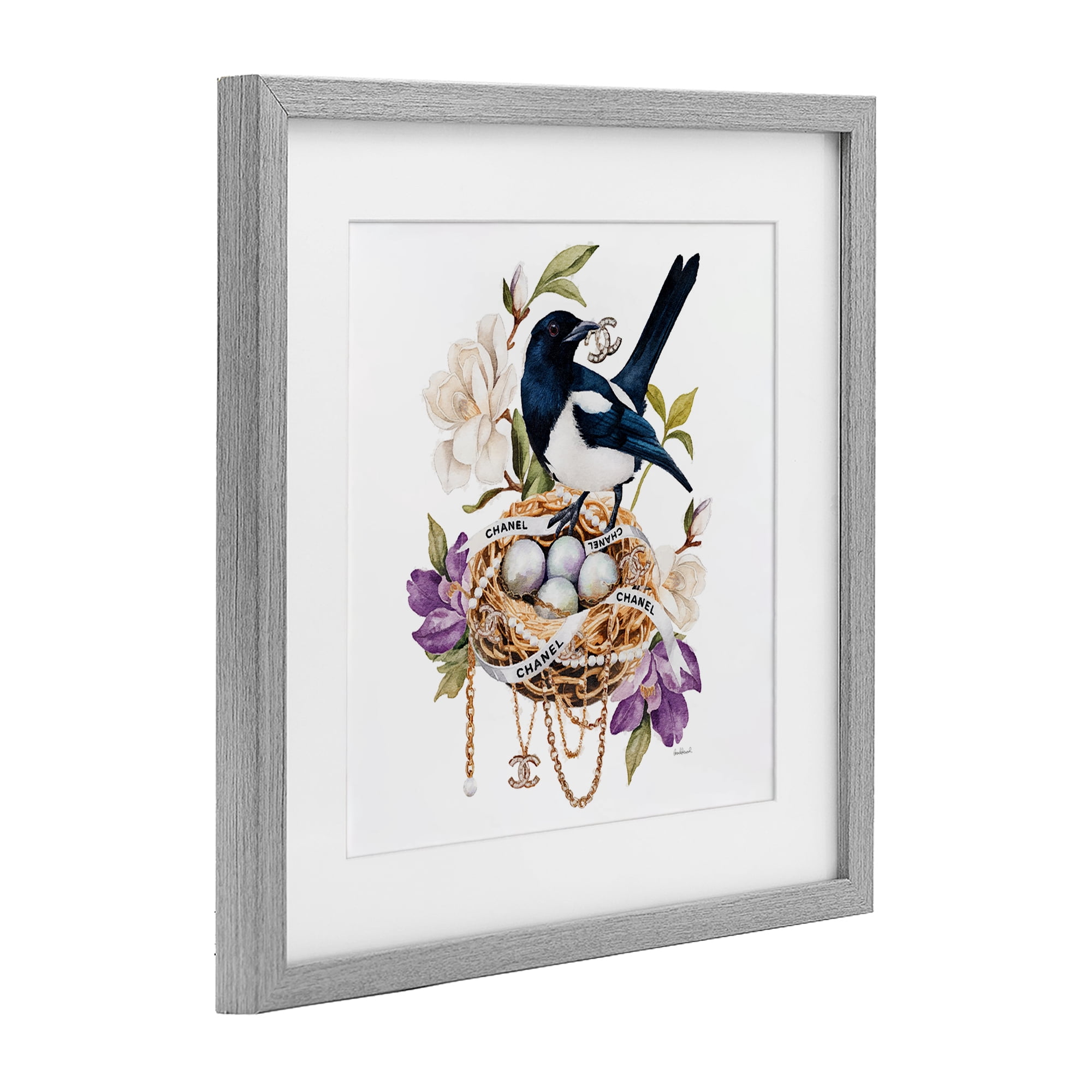 Stupell Industries Glam Birds Nest Magnolia Gray Framed Print Under Glass, design by Amanda Greenwood