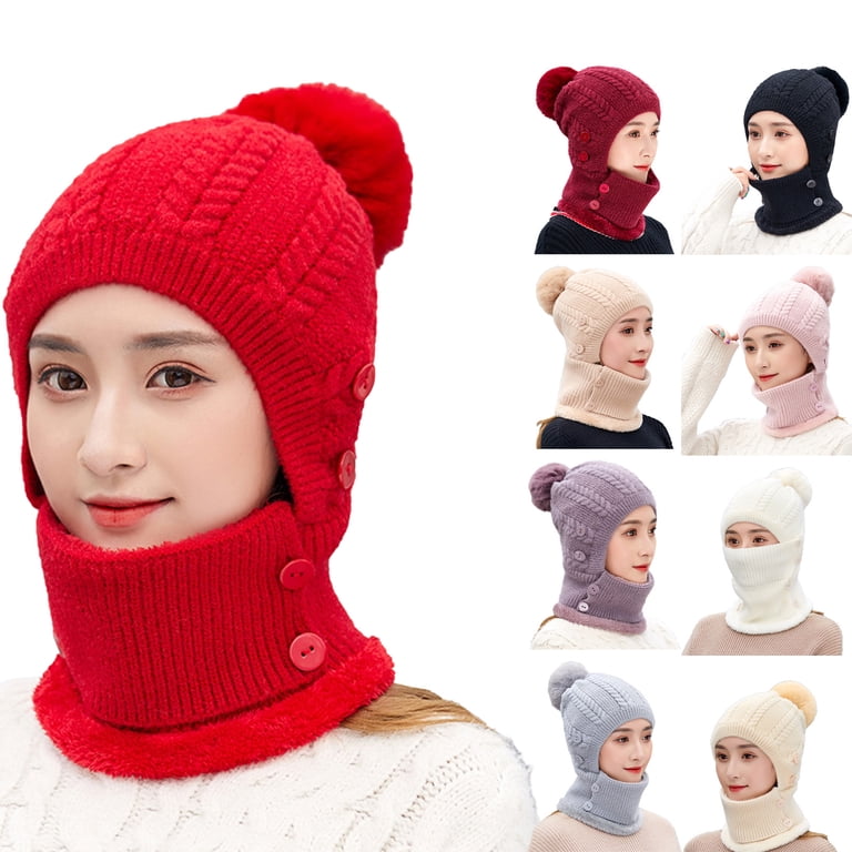 Winter Beanie Hat With Neck Scarf & Earmuffs - Knitted Fleece Lined Set, Wine Red, One Size Fits Most