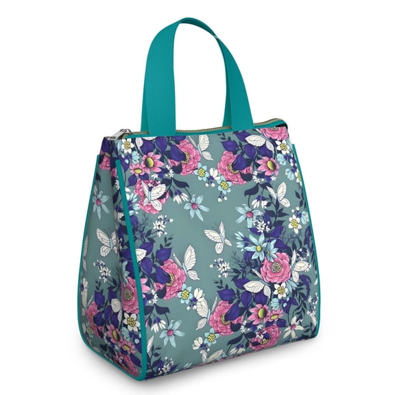 Pioneer Flower Floral Print Pattern Insulated Lunch Bag for Women & Adults,Large Portable Soft Cooler Lunch Bag,Thermal Food Storage Tote with Pearl Cotton,8.66L,8.75x5.75x9.5 Inch