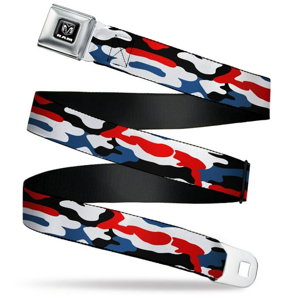 Ram Belt, Seatbelt Buckle Belt, Ram Americana Camo Red White Blue Black, 24 to 38 Inches