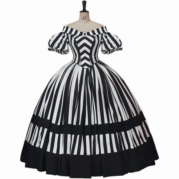 Victorian Gothic Black and White Striped Rococo Dress Medieval Queen Masquerade Outfit