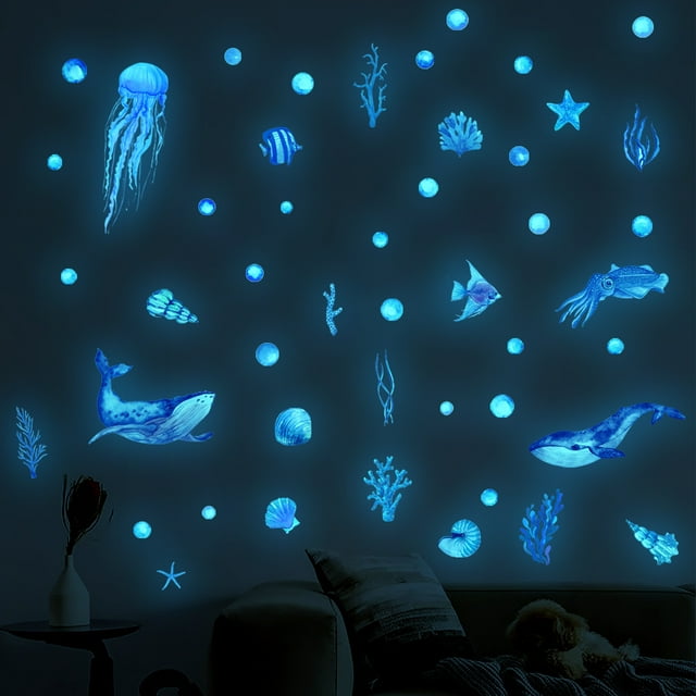 Calcomanías de arte de pared de océano, pegatinas temáticas de mar que brillan en la oscuridad, medusas, ballena, pulpo, calcomanías de espuma para pared para niños, niños y adultos