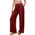 thumbnail image 2 of Womens Palazzo Pants Casual Drawstring Flowy Pants Wide Leg Summer Beach Linen Trousers with Pockets Wine S, 2 of 5