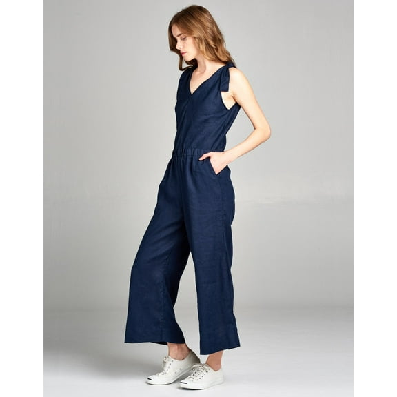 4Our Dreams NAVY Women's Linen Crop Jumpsuit, US X-Small